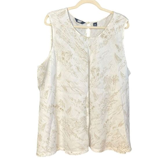 Lands’ End Top Size 3X Sleeveless 100% Linen Tan Palm Trees Resort Coastal - Picture 1 of 8